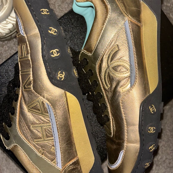 Chanel Trainer Gold/Black Turquoise Inside Lining - Picture 1 of 5